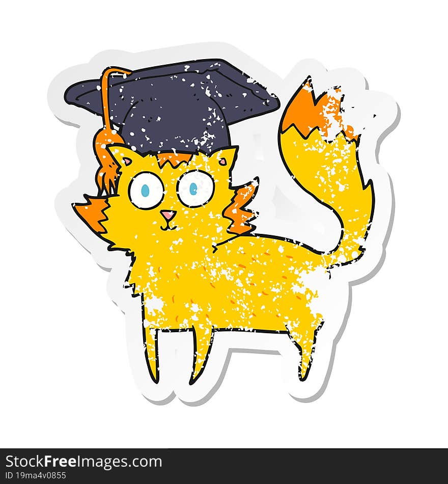 Retro Distressed Sticker Of A Cartoon Cat Graduate