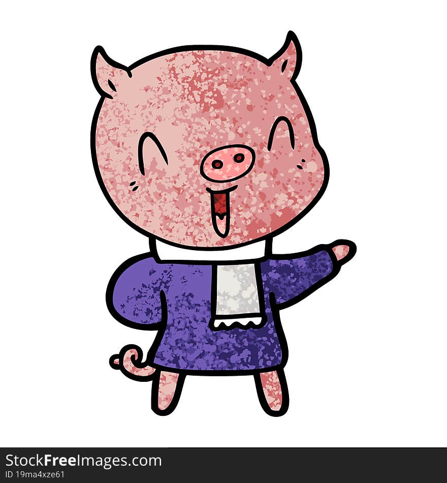 happy cartoon pig in winter clothes. happy cartoon pig in winter clothes