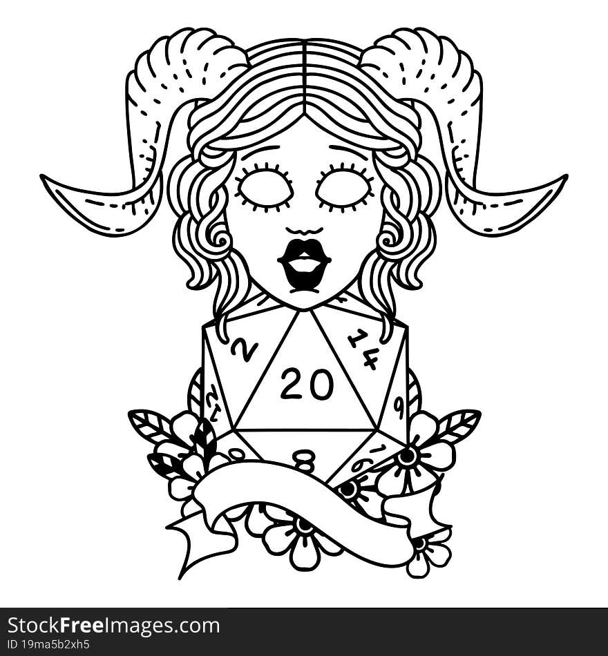 Black and White Tattoo linework Style tiefling with natural twenty dice roll. Black and White Tattoo linework Style tiefling with natural twenty dice roll