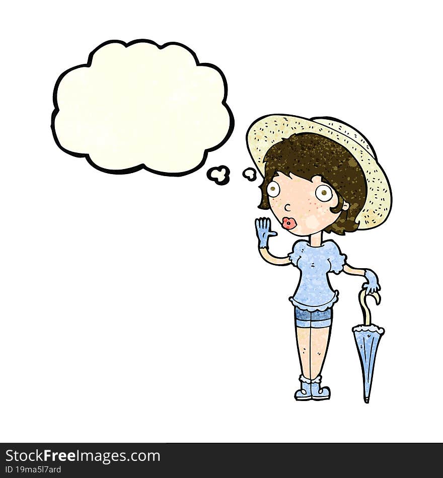 cartoon woman in summer hat waving with thought bubble