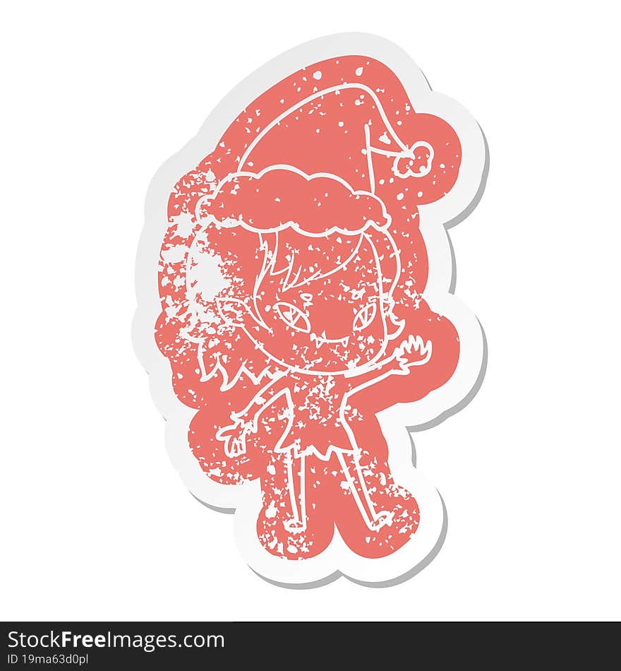 cartoon distressed sticker of a friendly vampire girl wearing santa hat