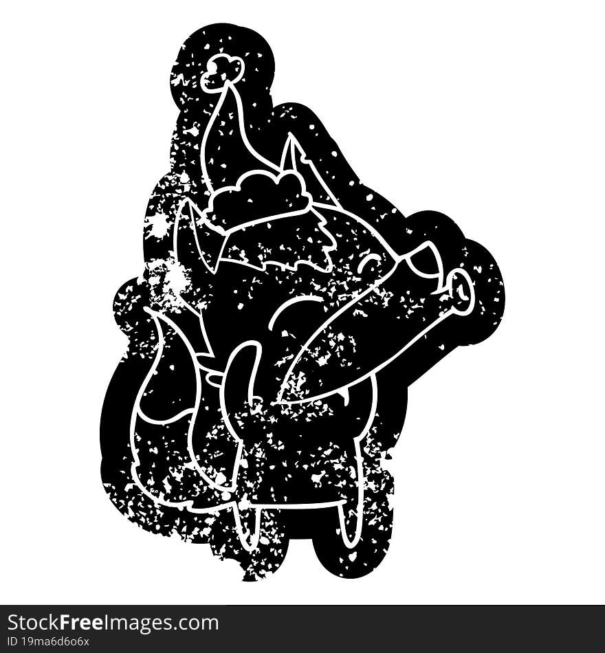 howling wolf cartoon distressed icon of a wearing santa hat