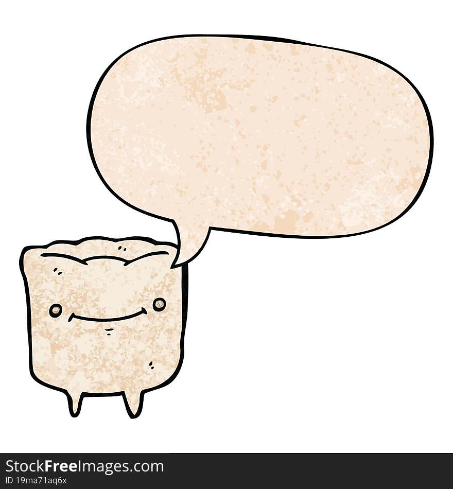 cartoon happy tooth and speech bubble in retro texture style