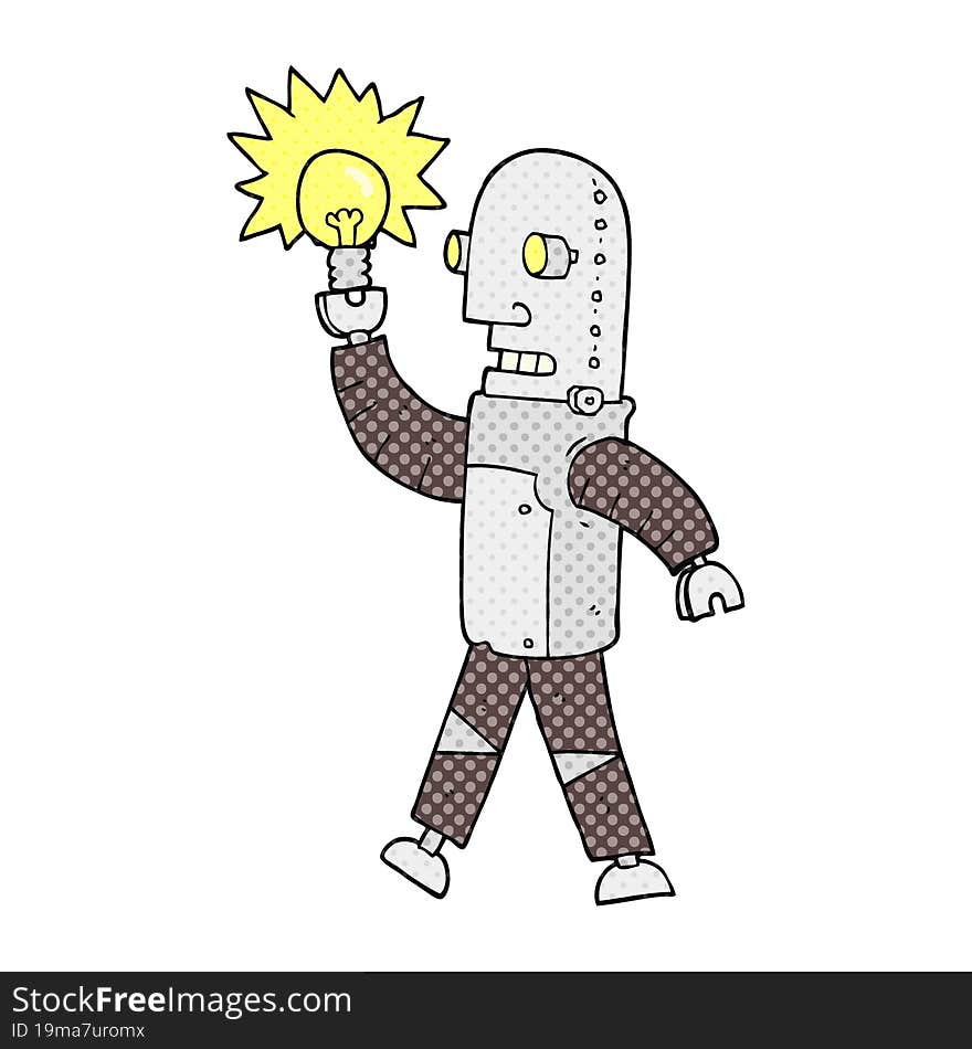 freehand drawn cartoon robot with light bulb