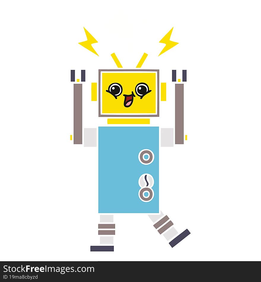 flat color retro cartoon of a happy robot