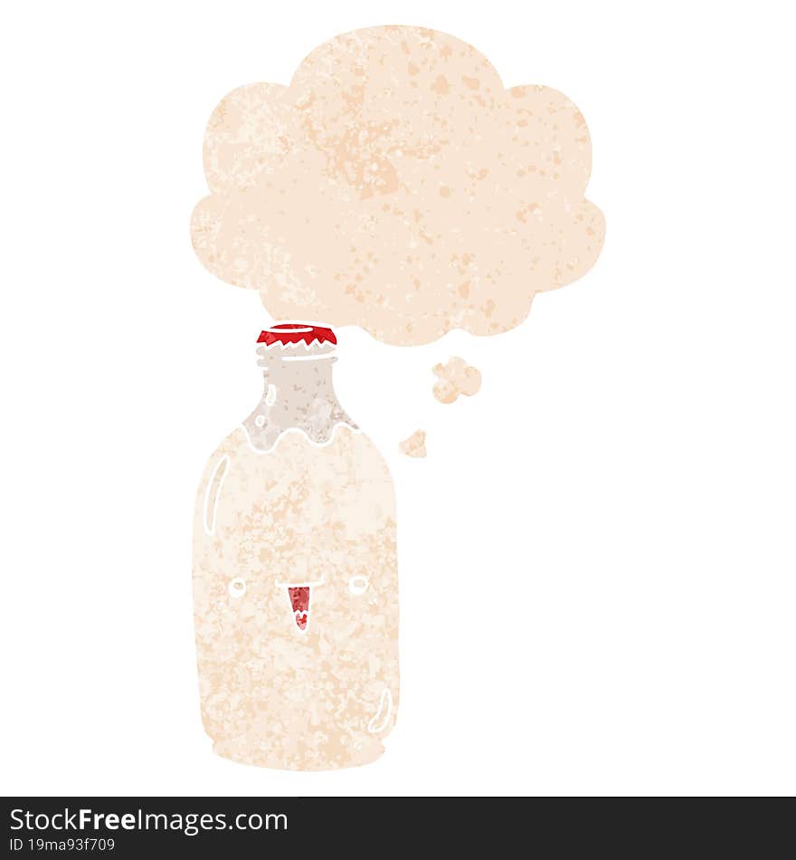 cute cartoon milk bottle and thought bubble in retro textured style