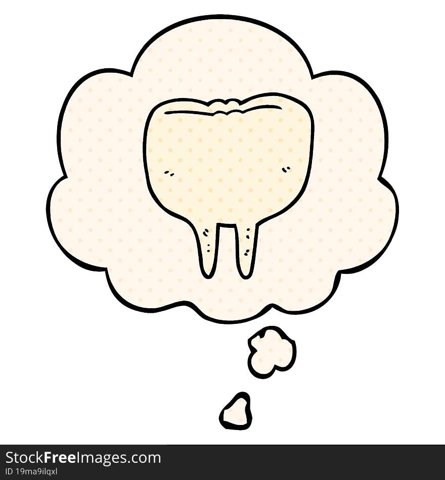 cartoon tooth with thought bubble in comic book style