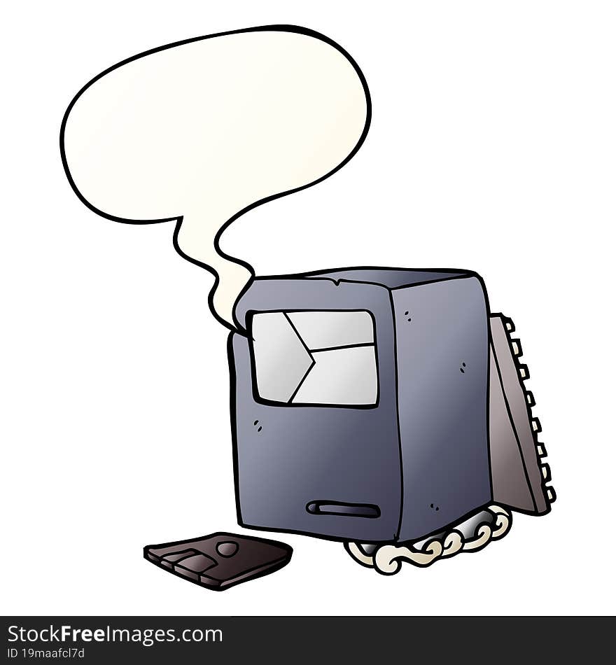 cartoon broken old computer with speech bubble in smooth gradient style