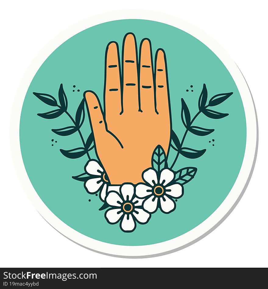 sticker of tattoo in traditional style of a hand and flower. sticker of tattoo in traditional style of a hand and flower