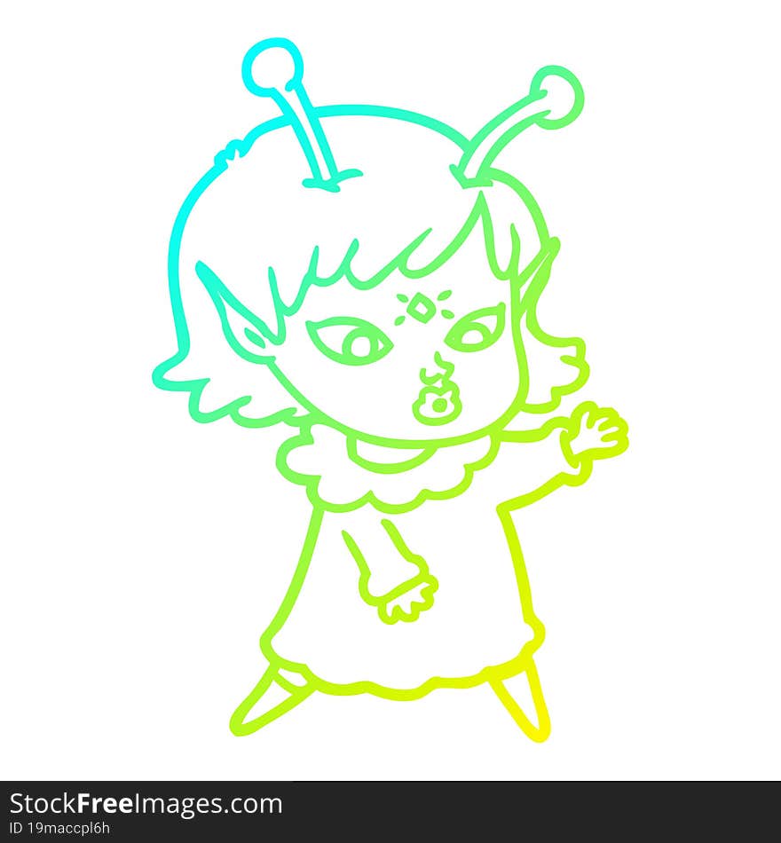 Cold Gradient Line Drawing Pretty Cartoon Alien Girl