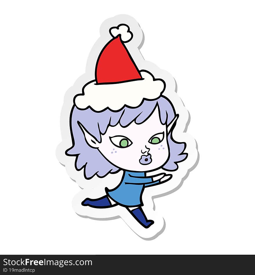 pretty sticker cartoon of a elf girl wearing santa hat