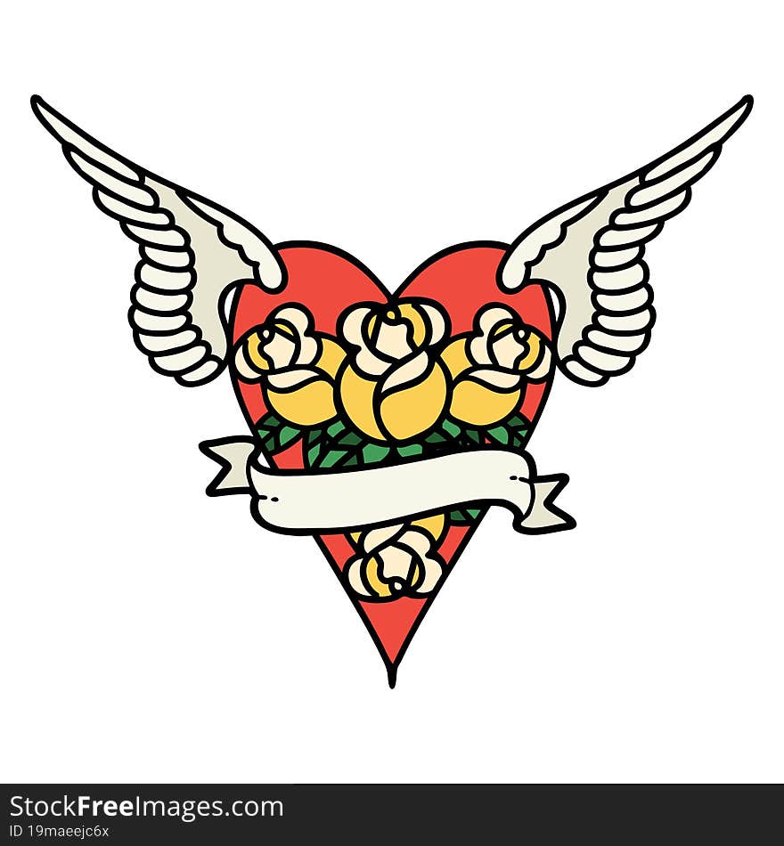 tattoo in traditional style of a flying heart with flowers and banner. tattoo in traditional style of a flying heart with flowers and banner