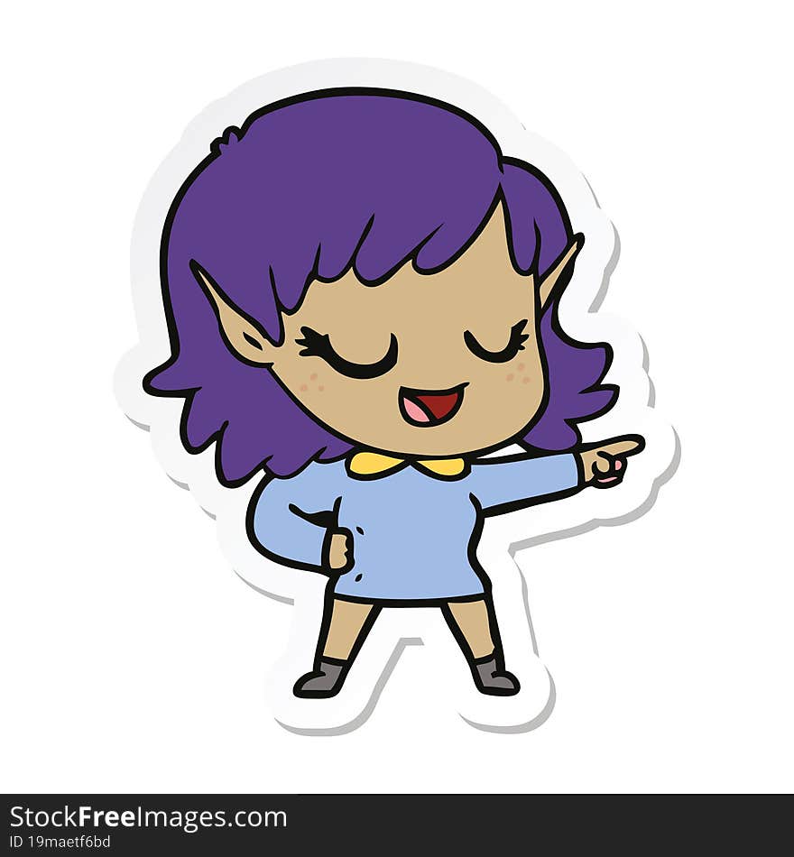 sticker of a happy cartoon elf girl pointing