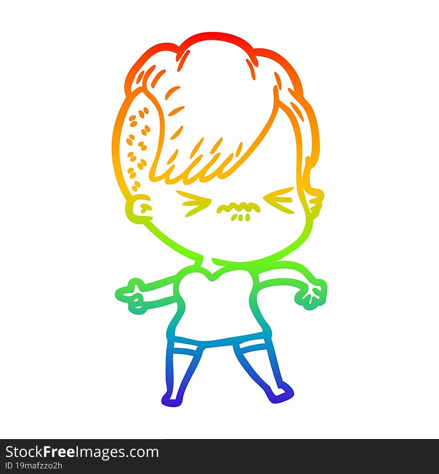 rainbow gradient line drawing of a cartoon annoyed hipster girl