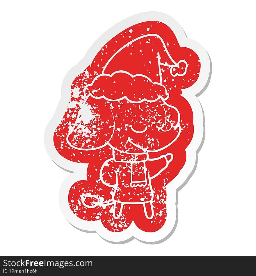 cartoon distressed sticker of a smiling elephant wearing scarf wearing santa hat