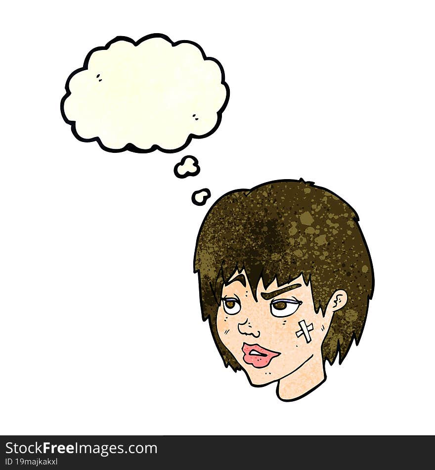 cartoon woman with plaster on face with thought bubble