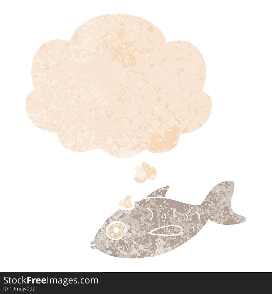 cartoon fish and thought bubble in retro textured style