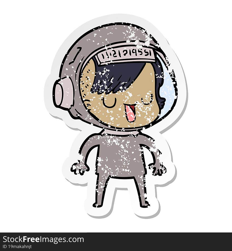 distressed sticker of a cartoon astronaut woman