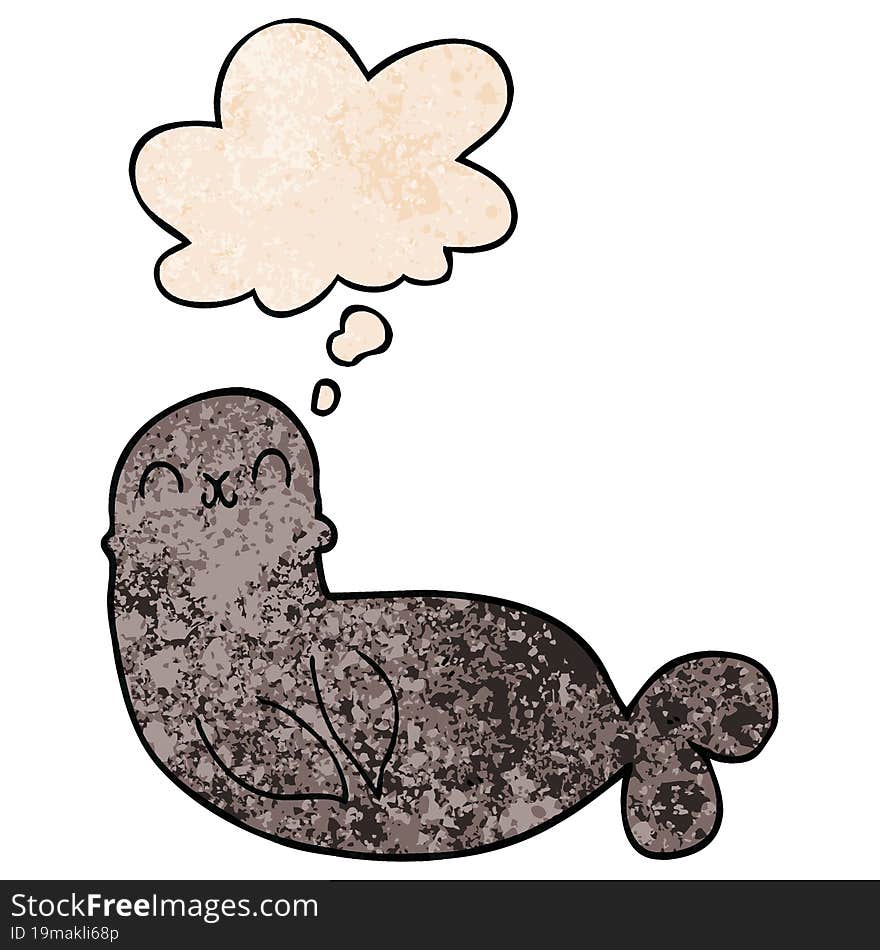 cartoon seal and thought bubble in grunge texture pattern style