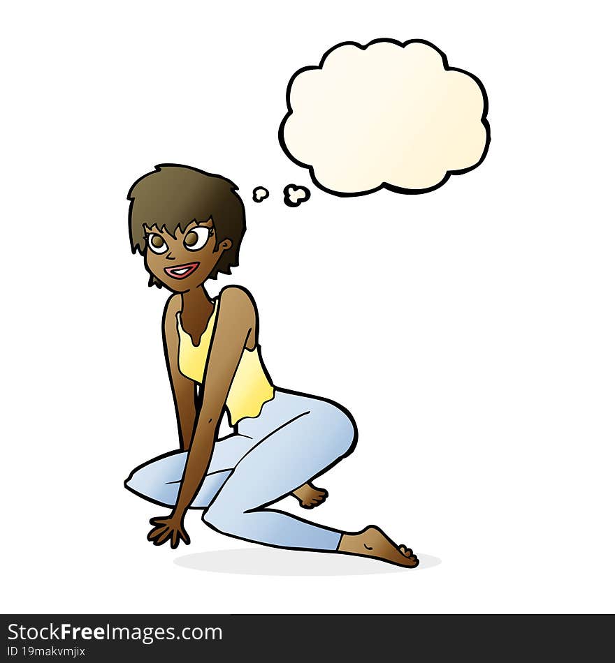 Cartoon Happy Woman Sitting On Floor With Thought Bubble