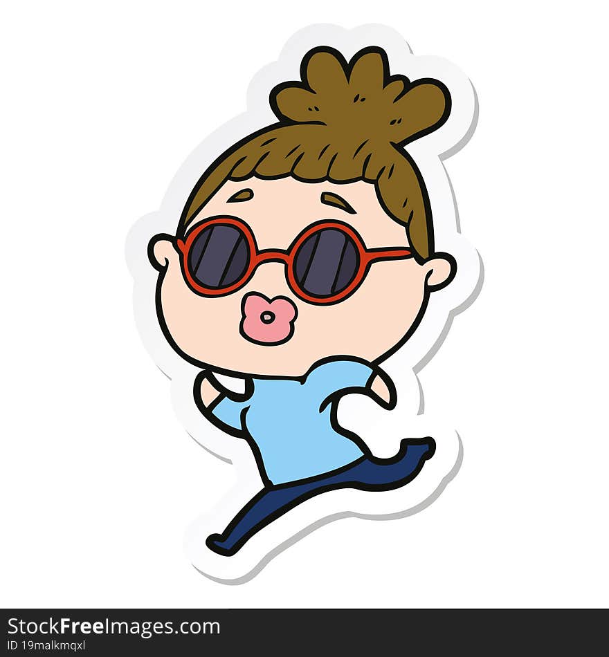 sticker of a cartoon woman running wearing sunglasses