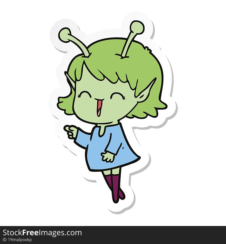 sticker of a cartoon alien girl laughing