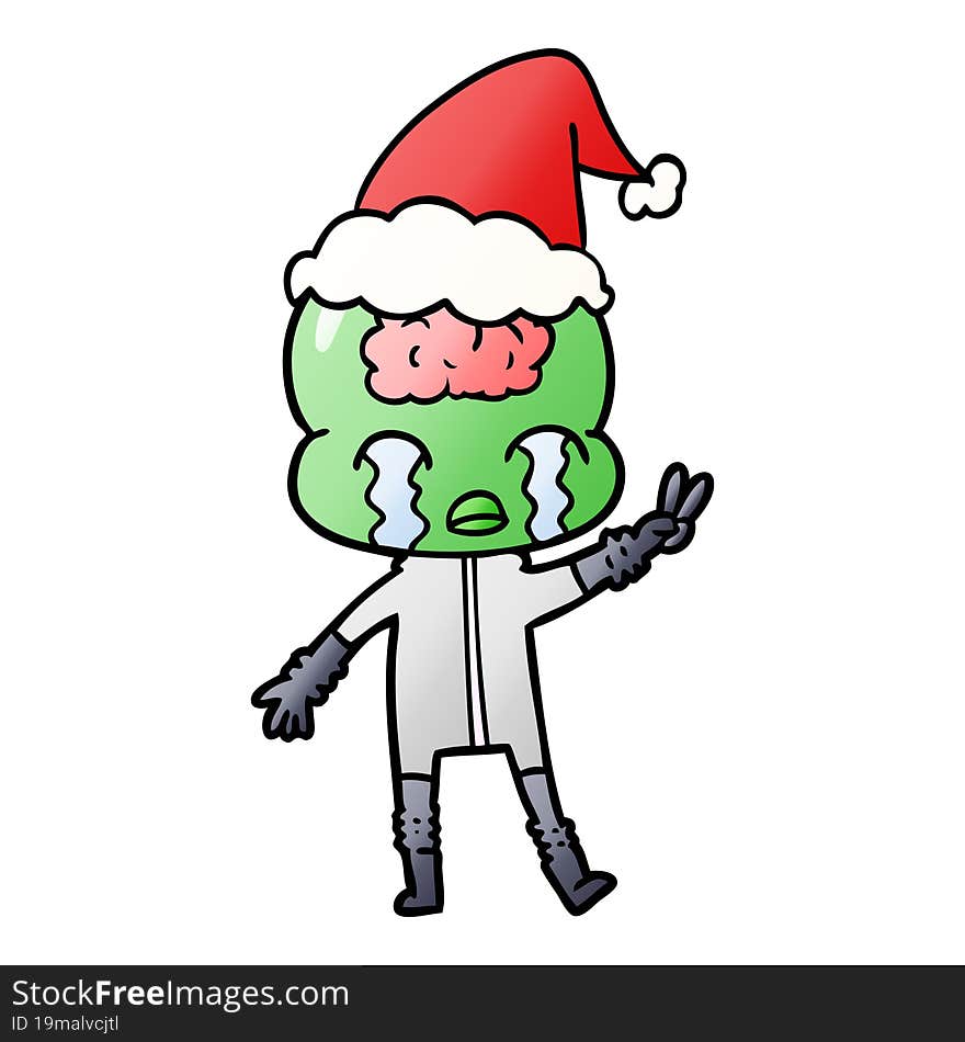 gradient cartoon of a big brain alien crying and giving peace sign wearing santa hat