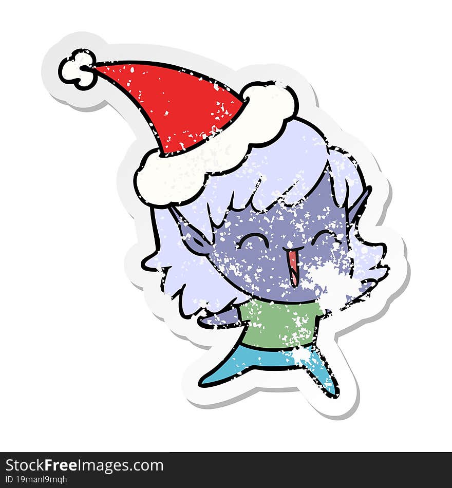 Distressed Sticker Cartoon Of A Elf Girl Wearing Santa Hat