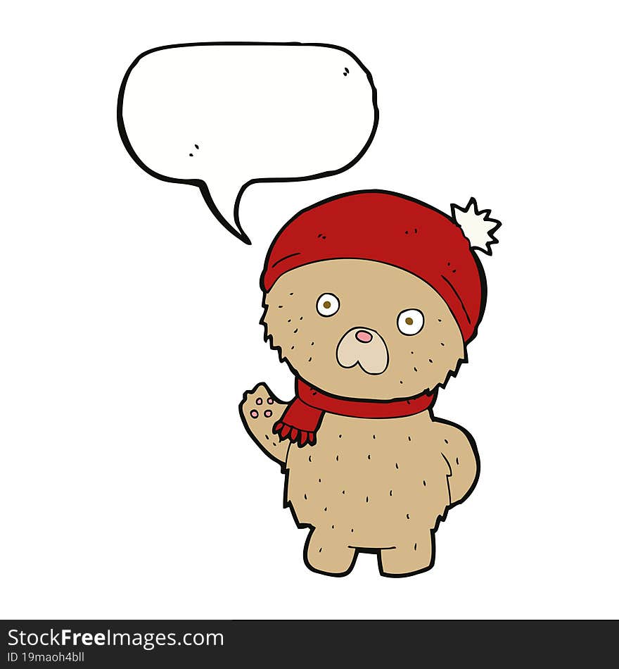 cartoon teddy bear in winter hat and scarf with speech bubble