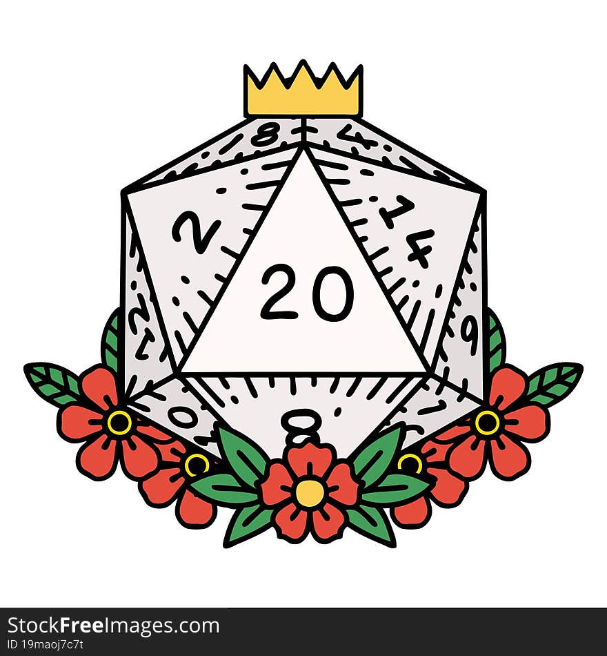 natural 20 D20 dice roll with floral elements illustration