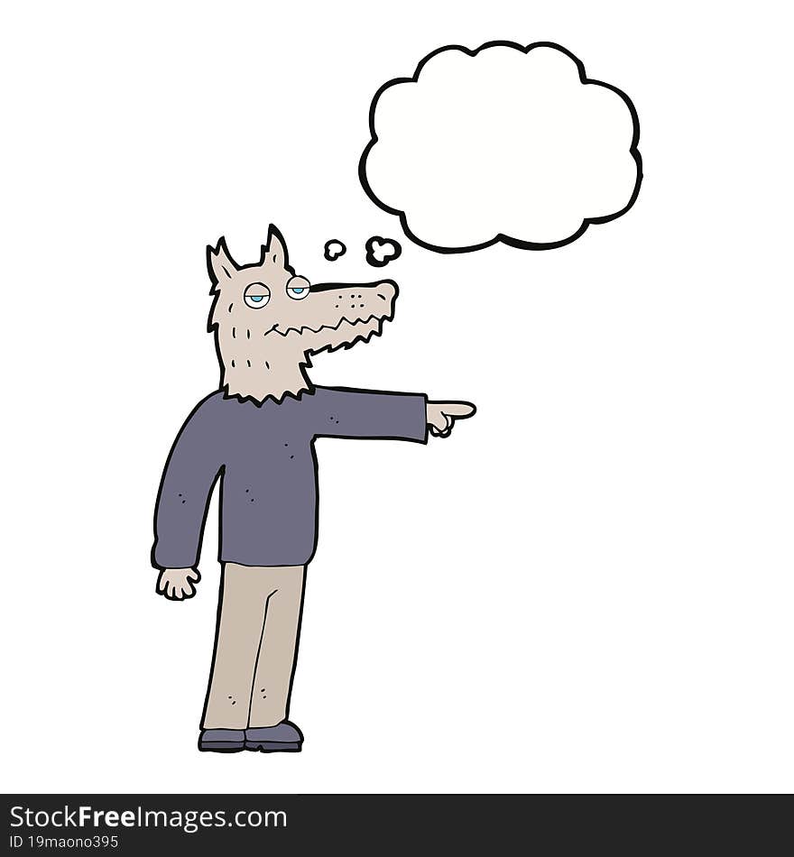 cartoon wolf man pointing with thought bubble