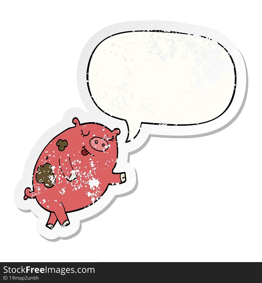 cartoon dancing pig with speech bubble distressed distressed old sticker. cartoon dancing pig with speech bubble distressed distressed old sticker