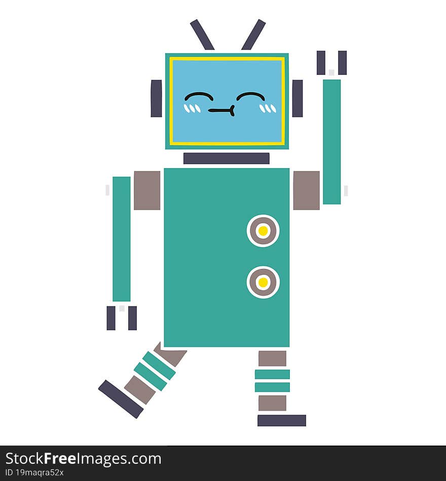 flat color retro cartoon happy robot