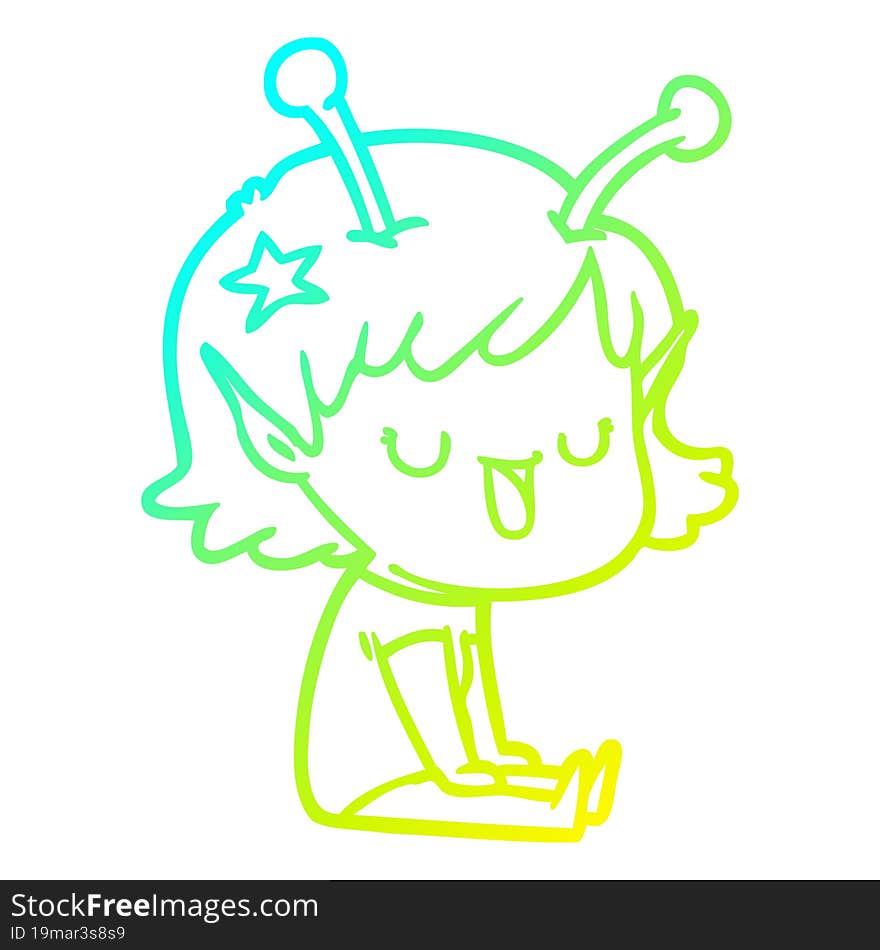 cold gradient line drawing of a happy alien girl cartoon laughing