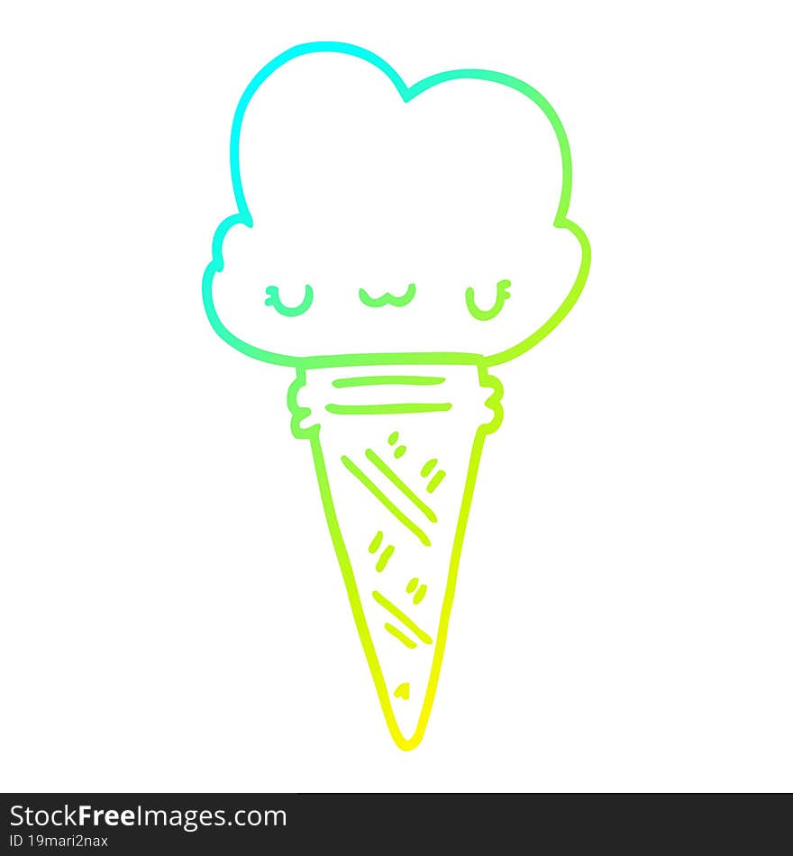 cold gradient line drawing of a cartoon ice cream with face