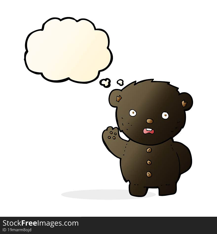 cartoon unhappy black teddy bear with thought bubble