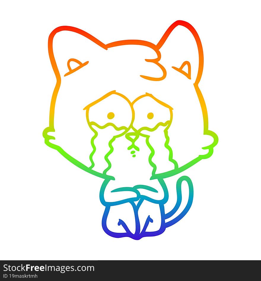 rainbow gradient line drawing crying cat cartoon