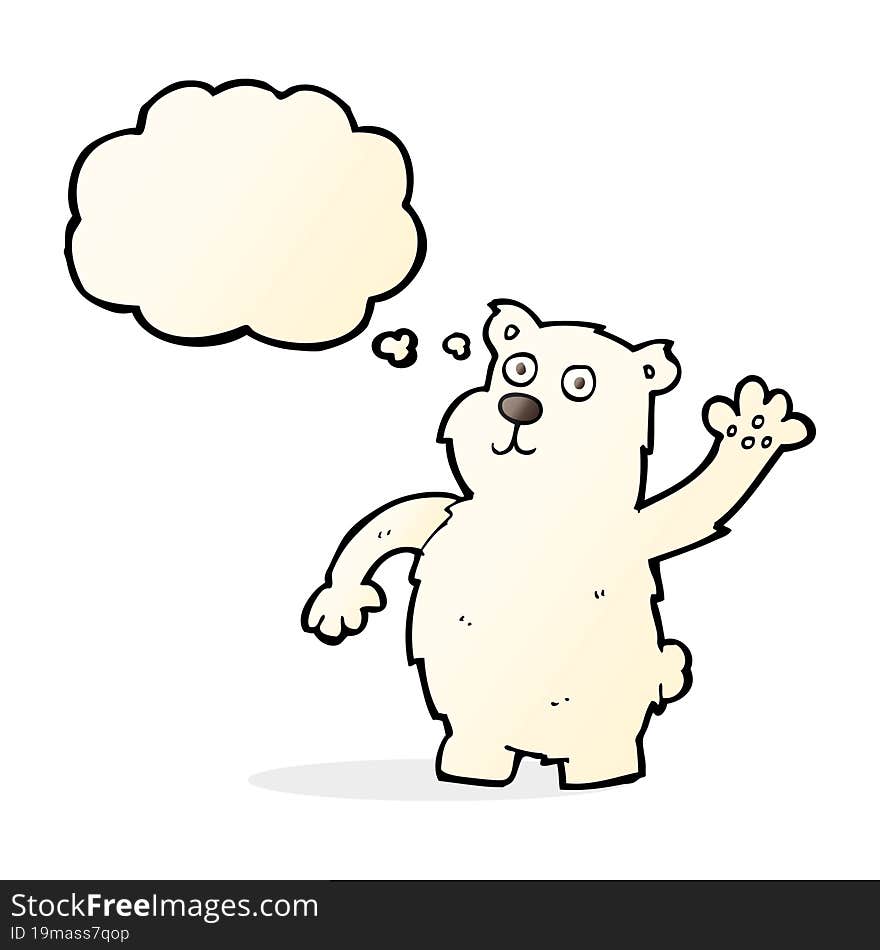 cartoon waving polar bear with thought bubble