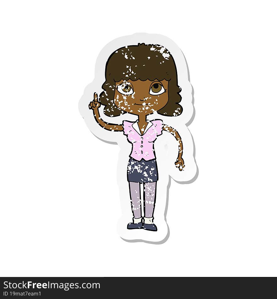 retro distressed sticker of a cartoon woman with idea