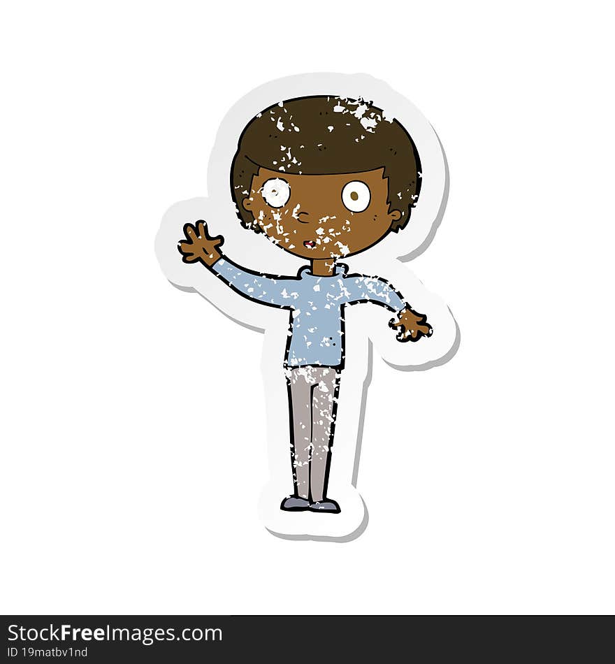 retro distressed sticker of a cartoon staring boy