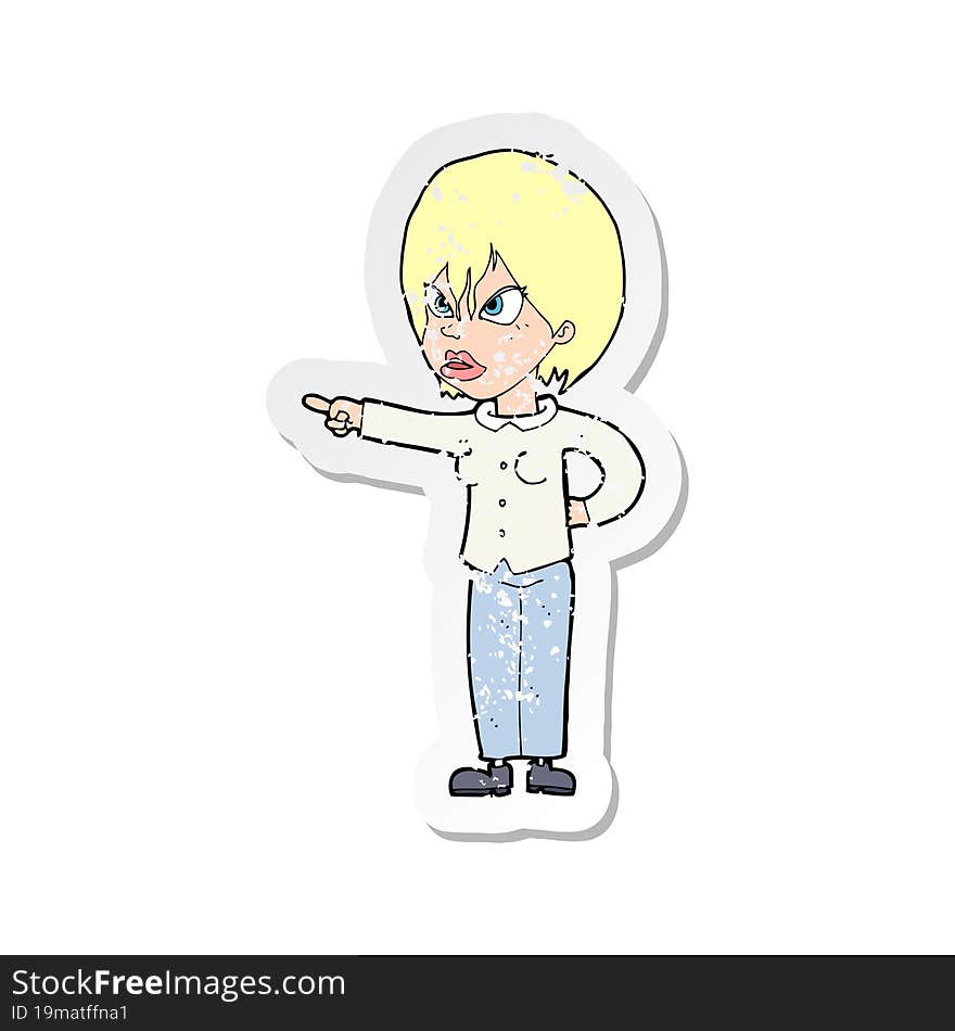 retro distressed sticker of a cartoon woman accusing