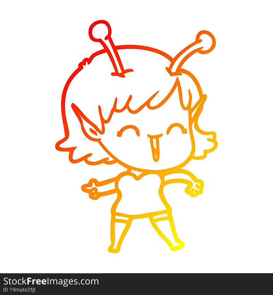 warm gradient line drawing of a cartoon alien girl laughing