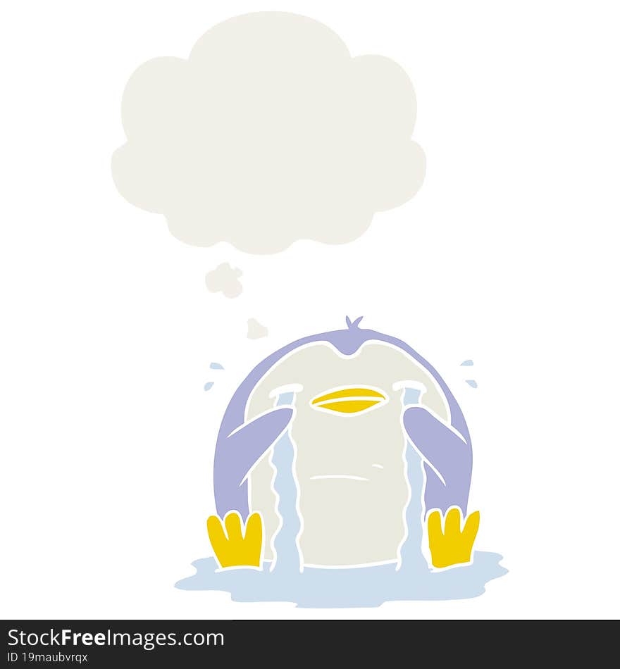 cartoon crying penguin and thought bubble in retro style