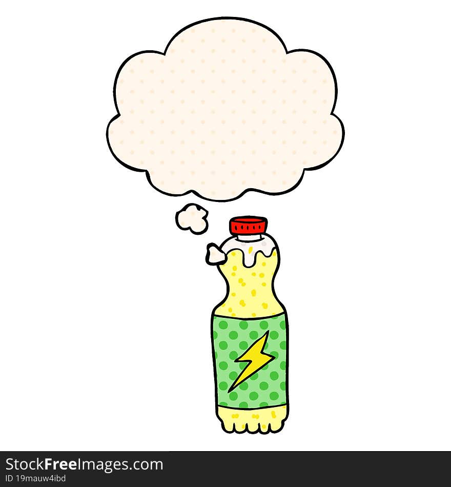 cartoon soda bottle and thought bubble in comic book style