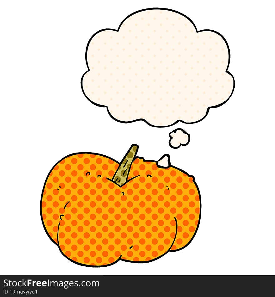 cartoon pumpkin squash with thought bubble in comic book style