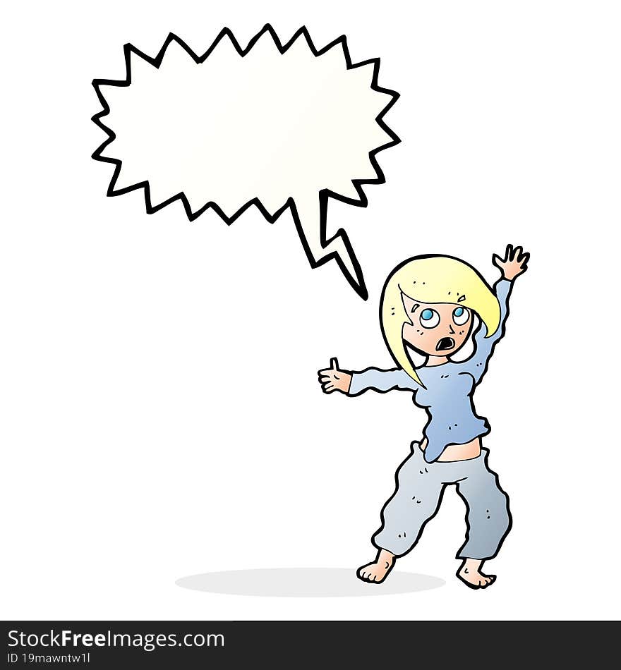 cartoon frightened woman with speech bubble