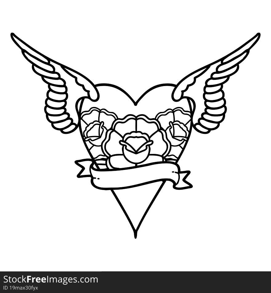 tattoo in black line style of a heart with wings and banner. tattoo in black line style of a heart with wings and banner