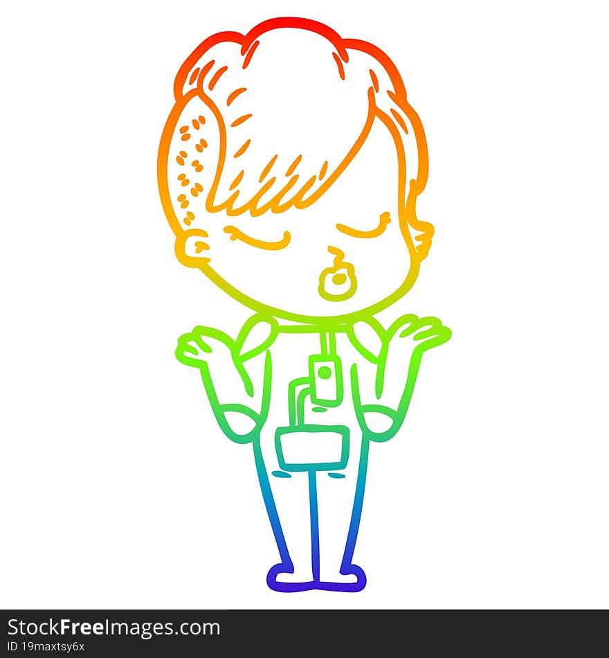 Rainbow Gradient Line Drawing Cartoon Pretty Hipster Girl