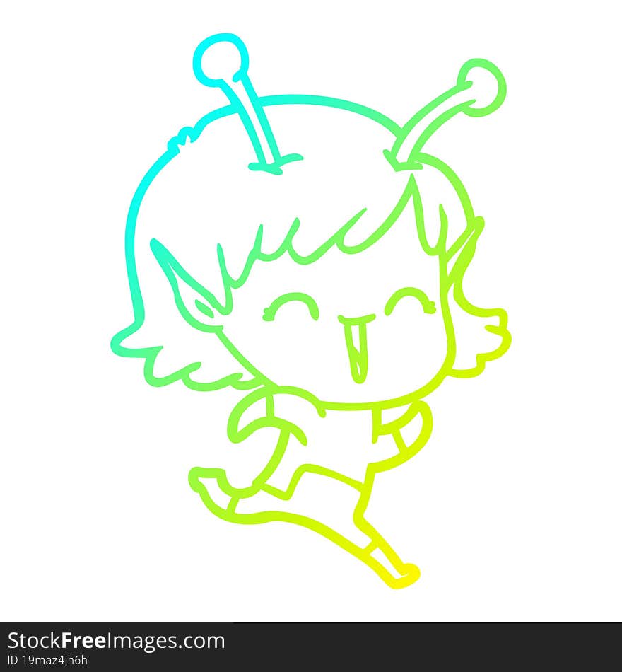 cold gradient line drawing of a cartoon alien girl laughing