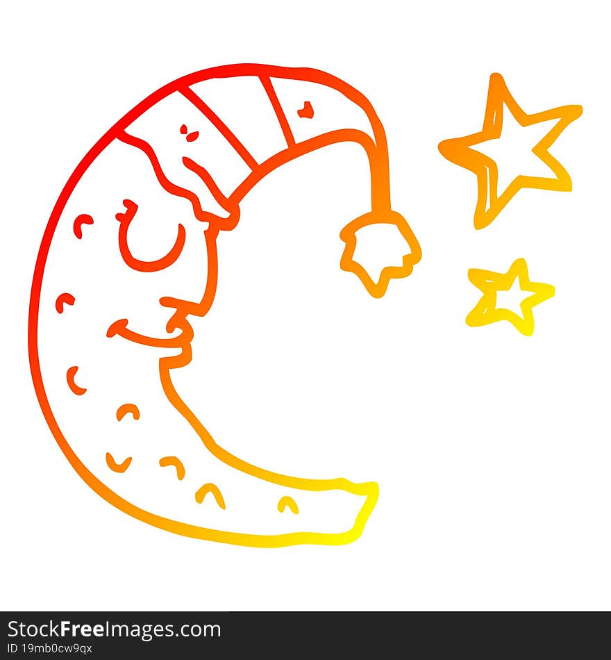 warm gradient line drawing cartoon moon with sleeping cap